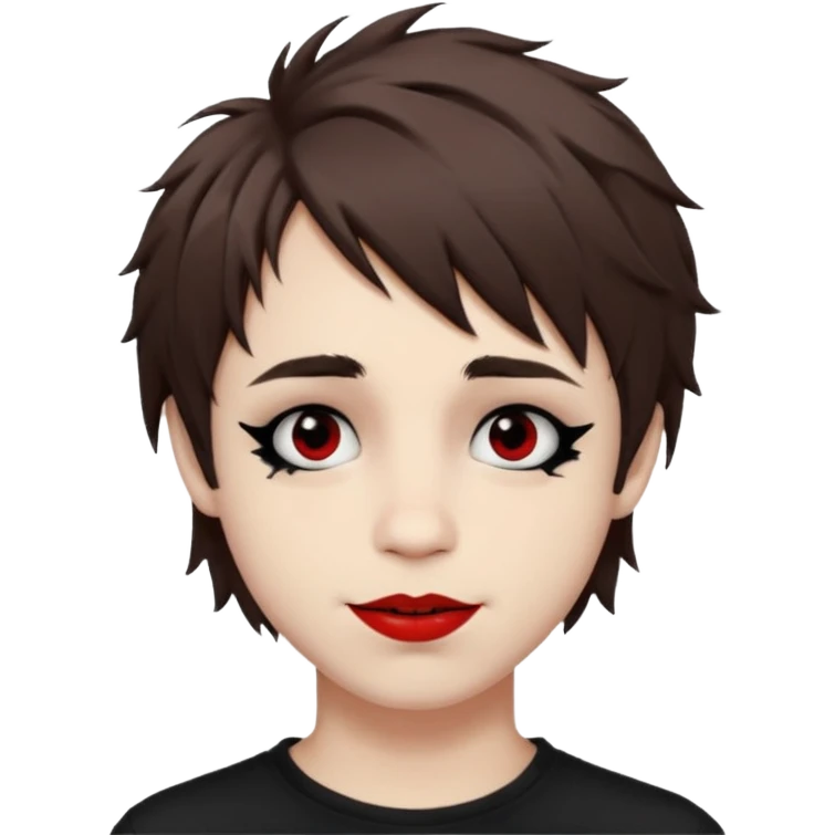 Happy pale Goth boy with shaggy brown hair, and messy black eyeliner , smudged, red, lipstick  emoji