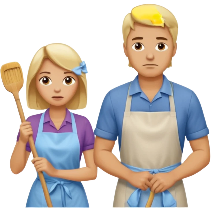 A blonde women slaving away cleaning a kitchen while her blonde husband scowls at her emoji