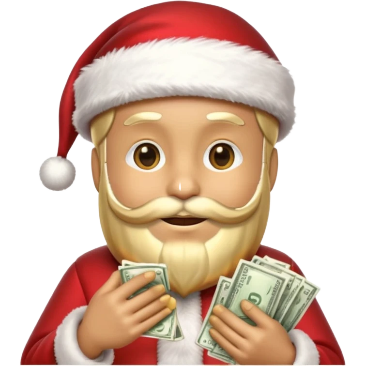 A confident rich emoji face wearing a Santa hat, money stacks, casino vibe, New Year theme, premium 3D emoji style, sharp details, no text, isolated on transparent background emoji