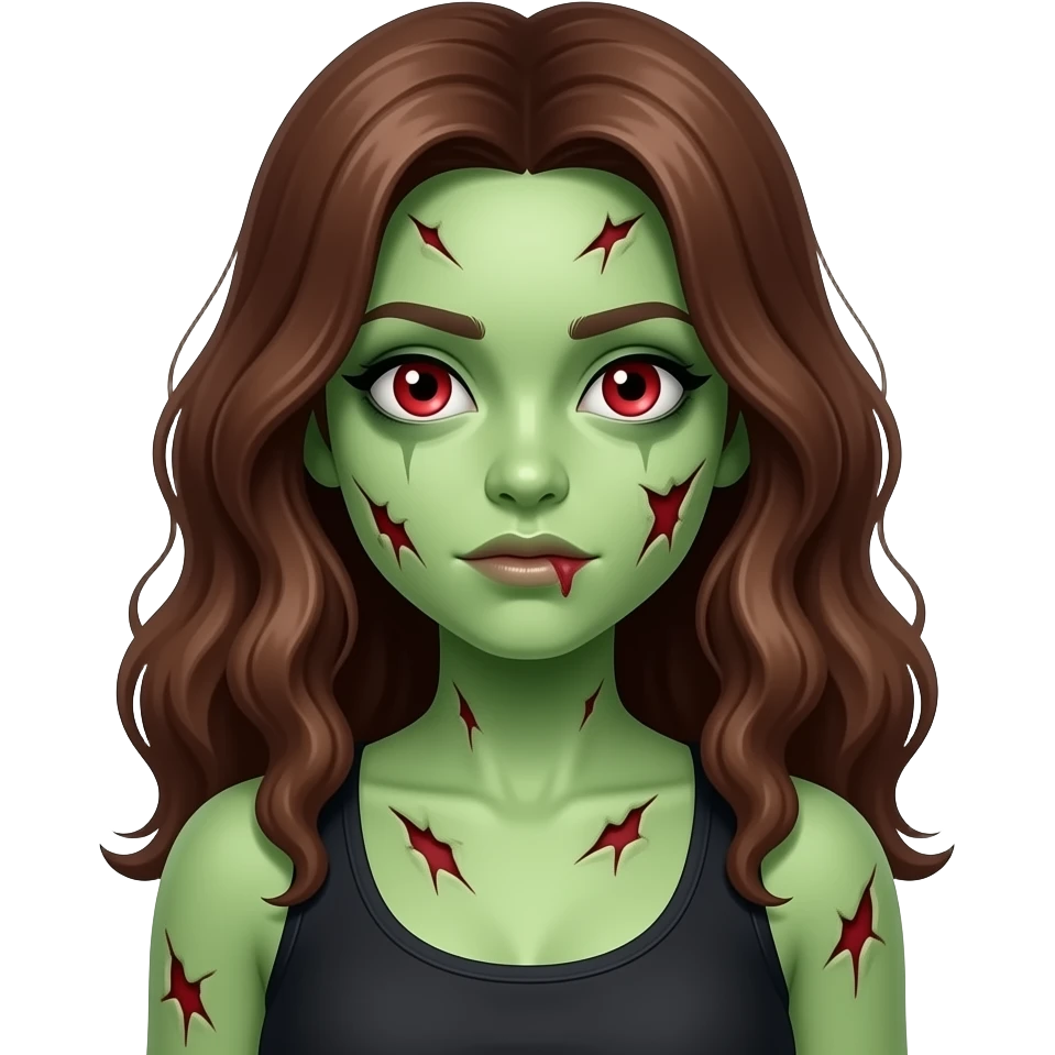 uma menina zumbi de pele verde e estragada com cabelo grande, marrom e ondulado e olhos vermelhos e regata preta emoji