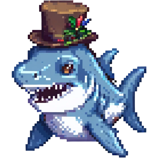 A pixel art style image of a shark wearing a top hat. emoji