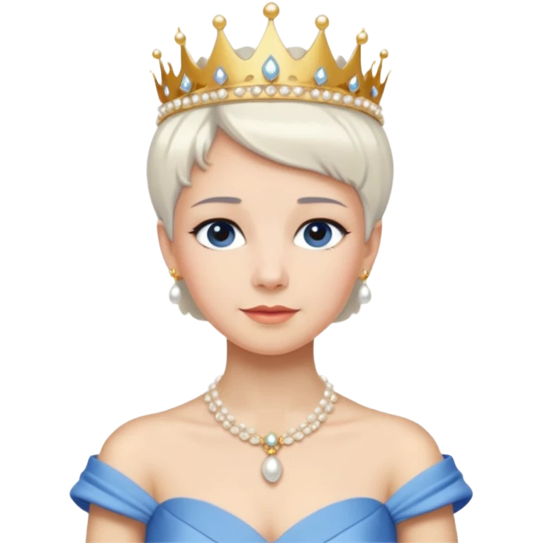 Queen with white short hair – gold tiara, pearl necklace, elegant gown, blue dress emoji