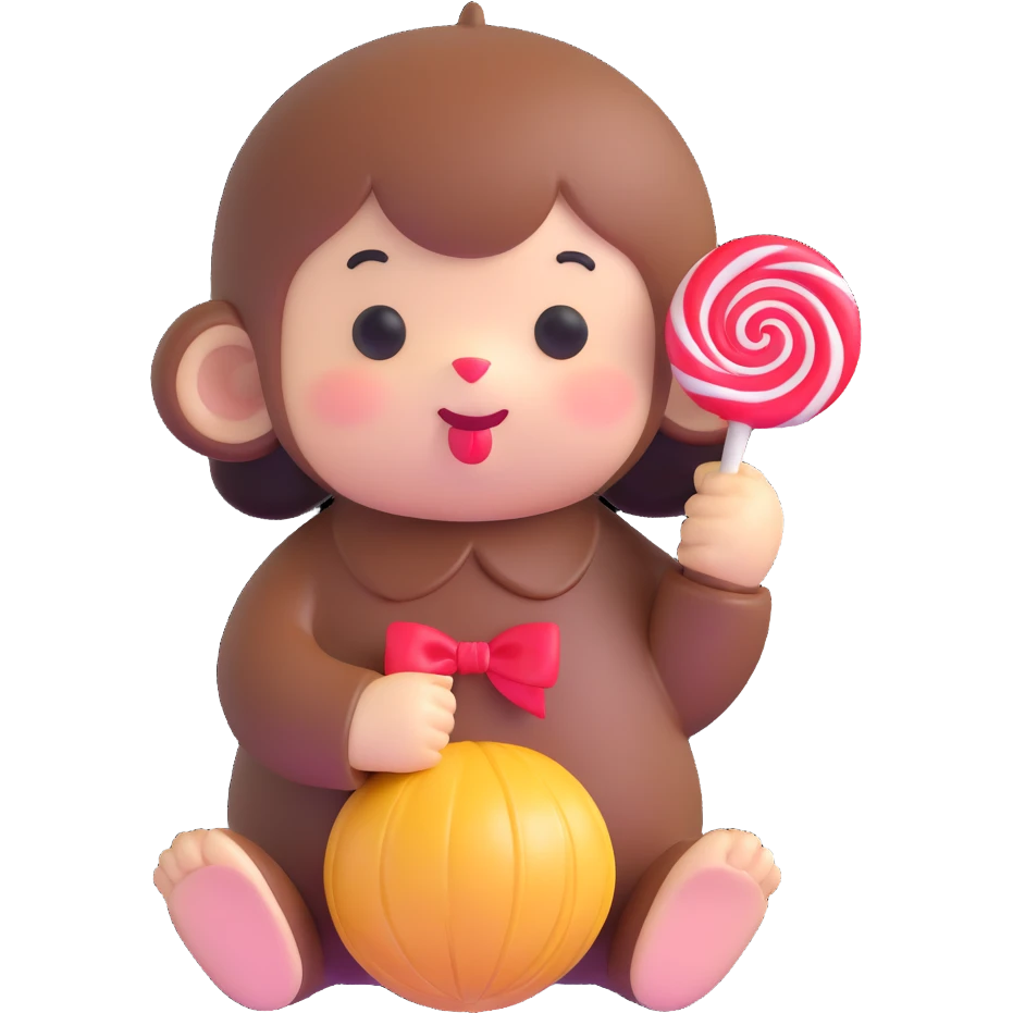 cute Monchichi plush toy with a lollipop emoji