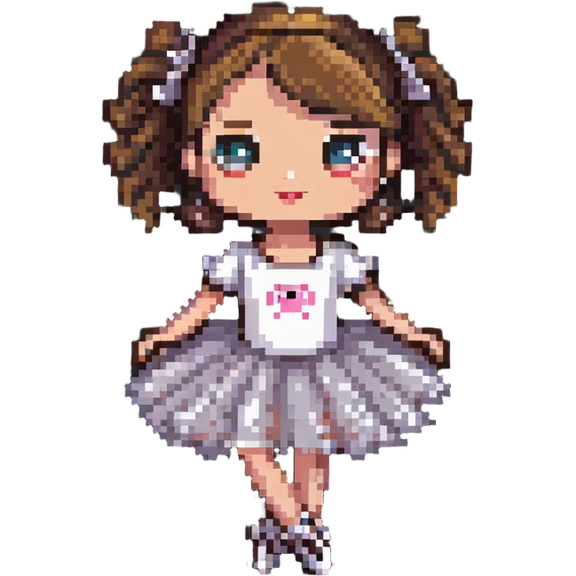 coffee mug with eyes in a tutu, ballet shoes, and a dance pose in pixel art style emoji
