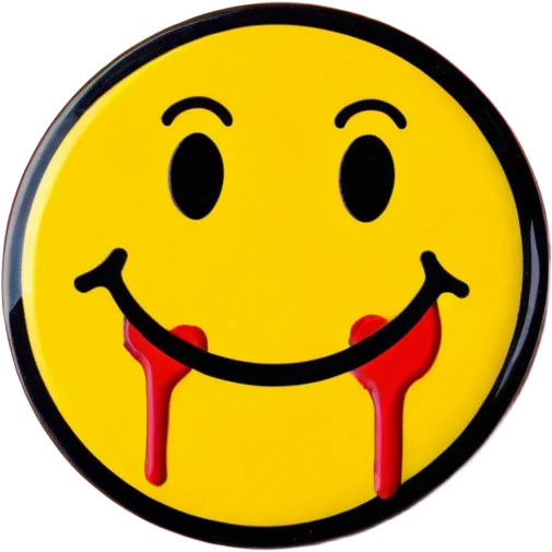 Yellow circular smiley face pin with a small red blood splatter on it emoji