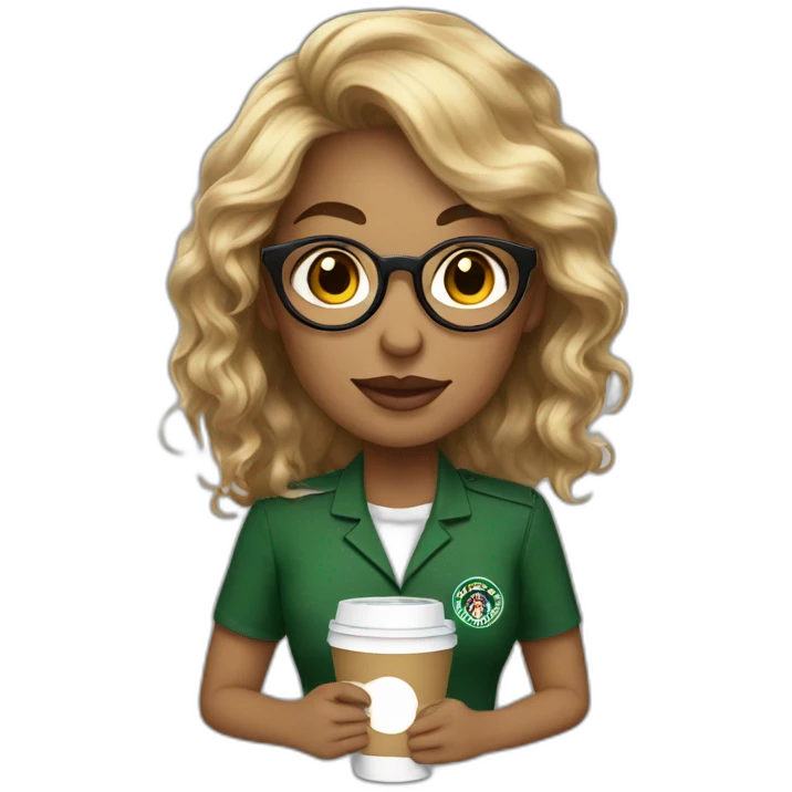 chatain hair women golden rounded glasses with a coffee and starbuck uniform emoji