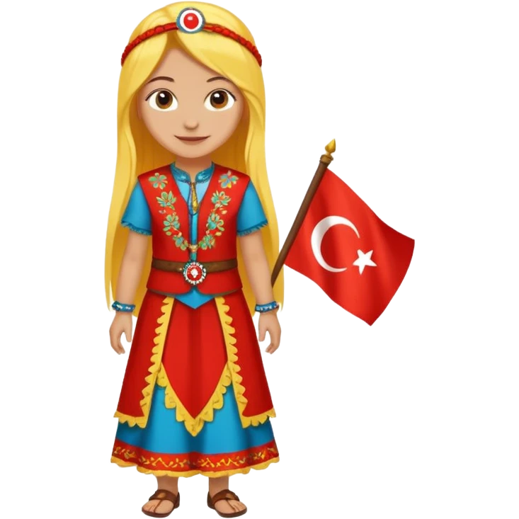 ultra sexy happy Turkish girl with Turkish flag in national outfit, full body, long yellow hair emoji