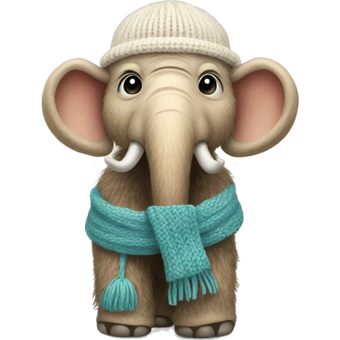 a baby mammoth in a small knitted hat and a narrow knitted scarf emoji