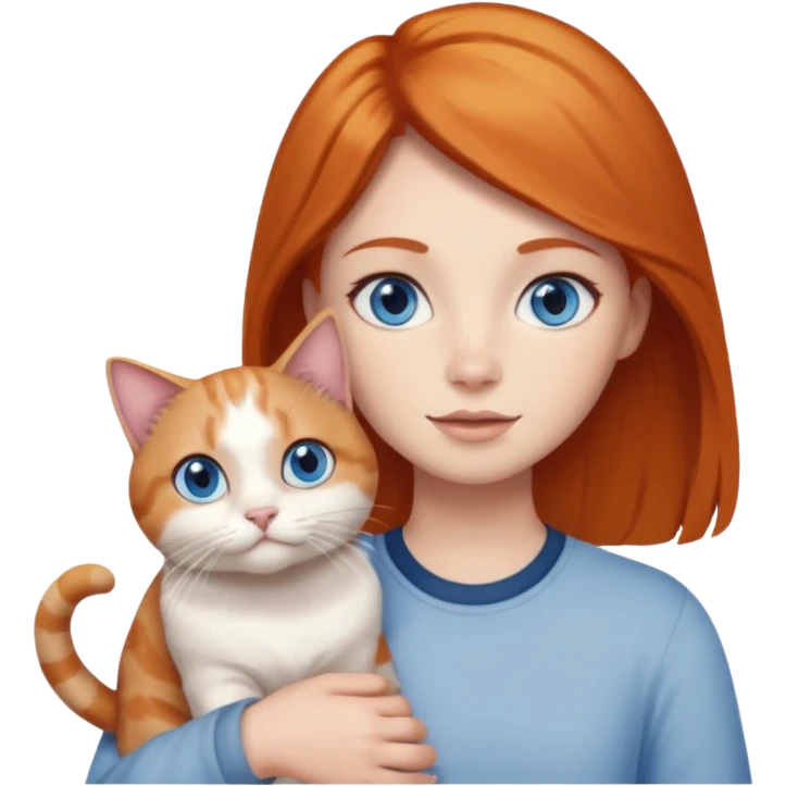 A ginger with blue eyes holding a large dilute calico cat. emoji