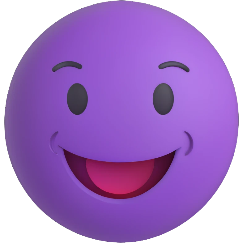 3D smiley emoji, round shape, purple color, with text 'tuti', confident face emoji