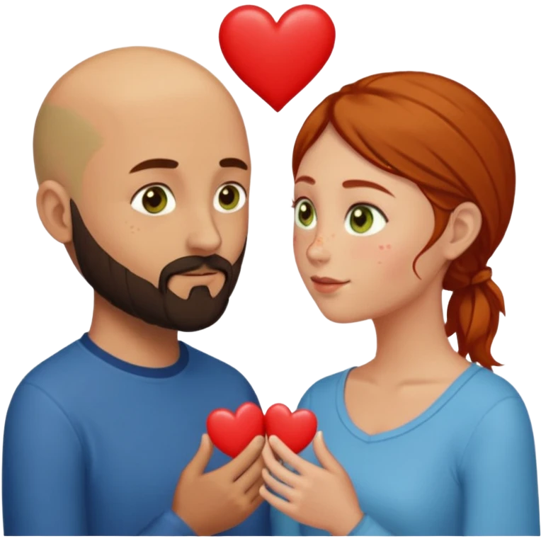 Couple. Bald man with dark brown-black beard. Woman with many small, faded, round freckles, white skin and she has auburn-yellow-brown dark hair. She has light yellow-brown-green eyes. He have hazel-blue eyes. They look at each other. Many small red hearts around them. emoji