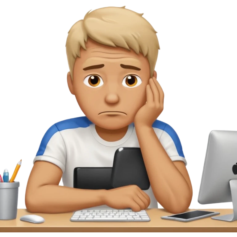 man sitting at his workplace, very tired, sweat running down his face emoji