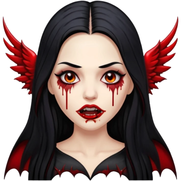 White woman with a white tank top long black hair glossy middle part long hair vamp look with fangs or blood dripping lips mouth closed brown eyes eyeliner winged with lashes top and bottom emoji