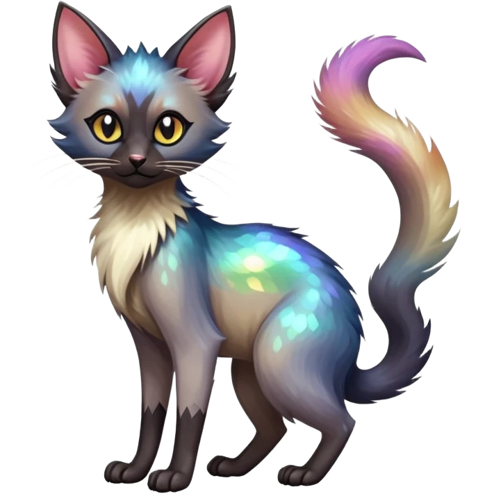 Colorful exotic tropical shiny Fantasy-Siamese-Fakémon-Lykoi-feline-hybrid (full body) emoji