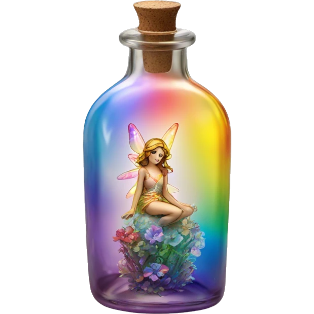 Antique oil bottle made of crystal glass of all delicate colors of the light rainbow, a living flower fairy sits at the bottom of the bottle emoji