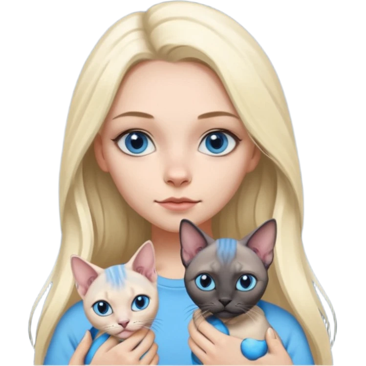 girl with long split-dye hair half blonde half black and blue eyes holding two grey sphynx cats emoji style emoji