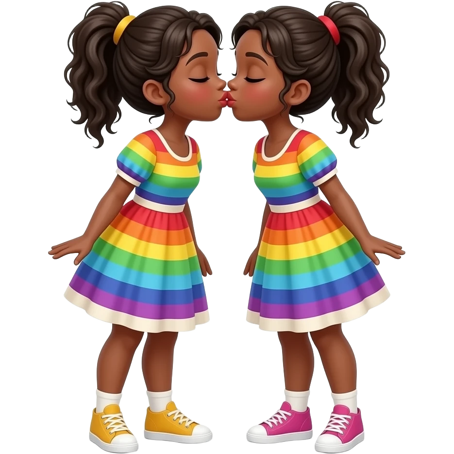 Two black girls kissing in rainbow colored dresses with cream on them. emoji