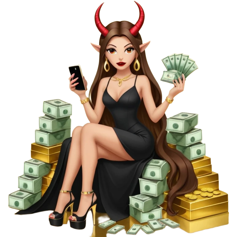 Sensual seductress long brown straight haired sexy drug lord woman with  glitter platform high heels on her feet,  and devil black horns on her head, holding a stack of cash, has a phone in other hand. Sitting on gold cases full of drugs, long black dress with sexy slit emoji