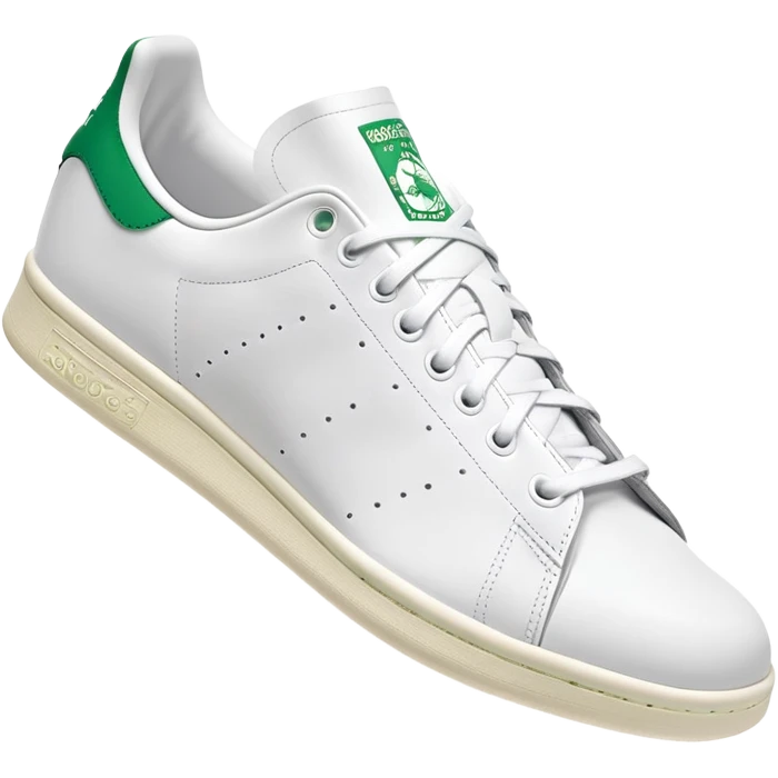 White Adidas Stan Smith shoe with green accents, iconic tennis sneaker, clean design, white with green heel tab, front angle view emoji