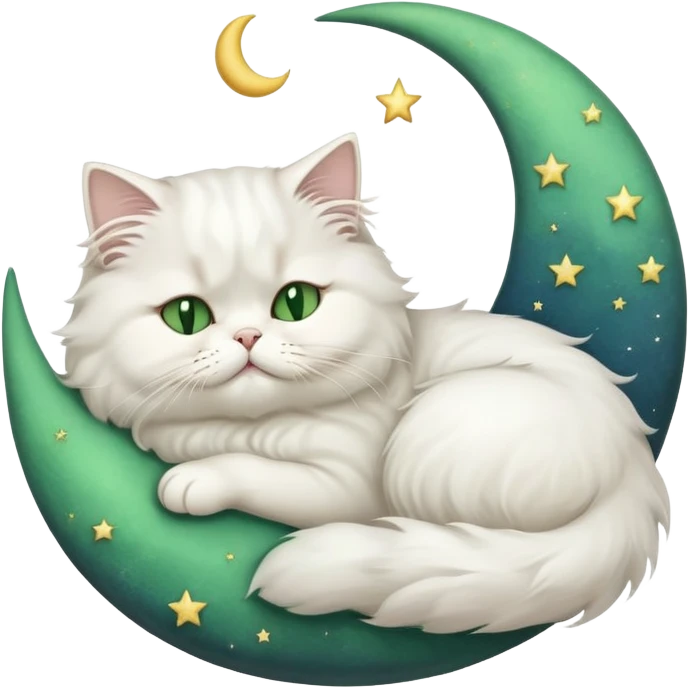 White Persian cat with green eyes sleeping on crescent moon  emoji