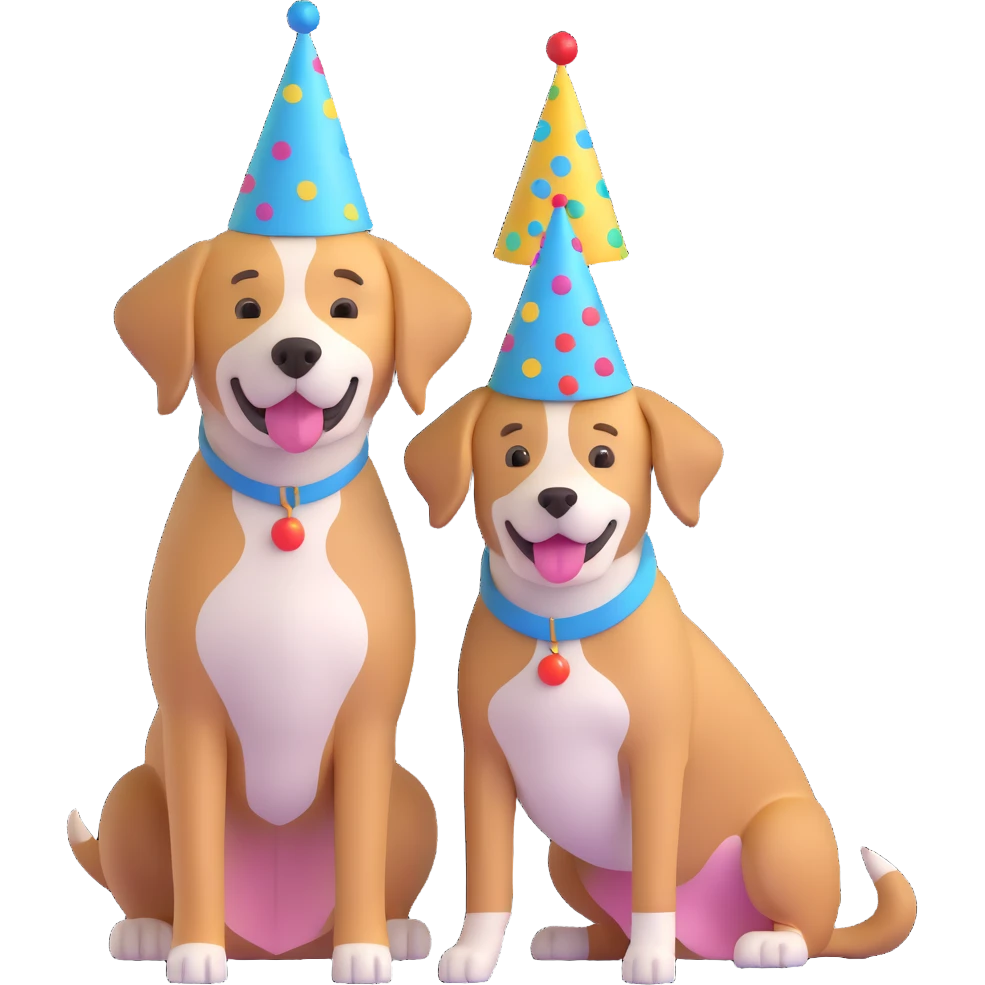 boy and his dog at party with party hats emoji