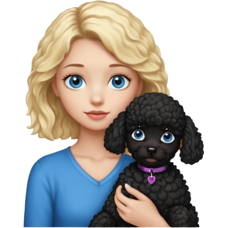 blonde girl with blue eyes holding black puppy poodle emoji
