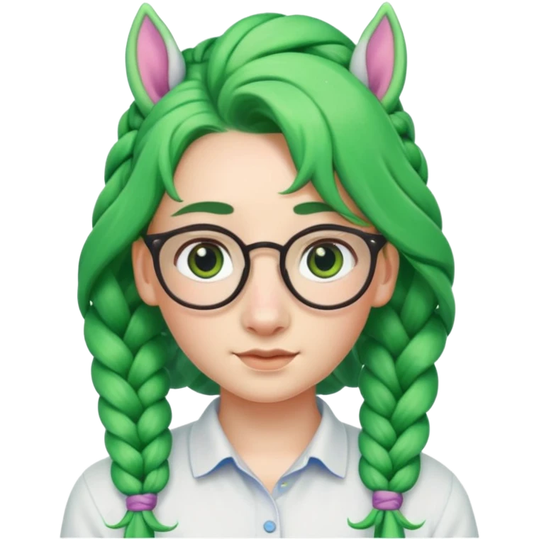 braided unicorn wiith big visible braids looking into the camera spectacled green hair and no ears emoji