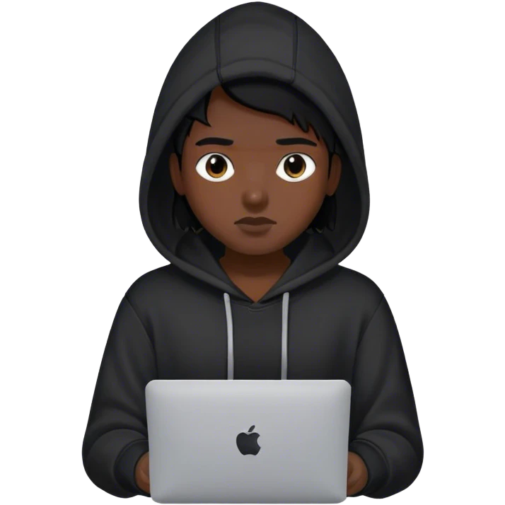 hackeur cheveux noir et capuche noiravec un macbook emoji