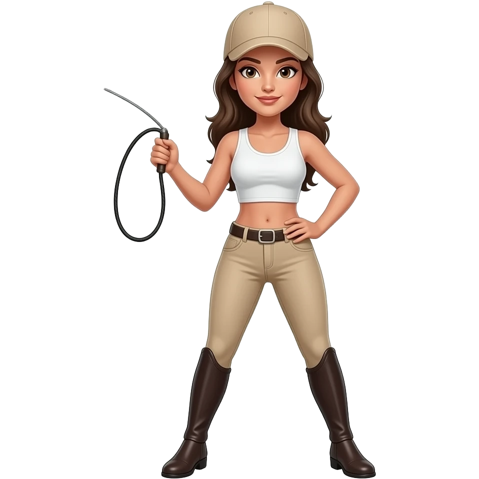 woman in beige riding jodhpurs, white crop top, and beige baseball cap, cracking a bullwhip in one hand, and her other hand on her hip, standing with her legs apart, animated emoji