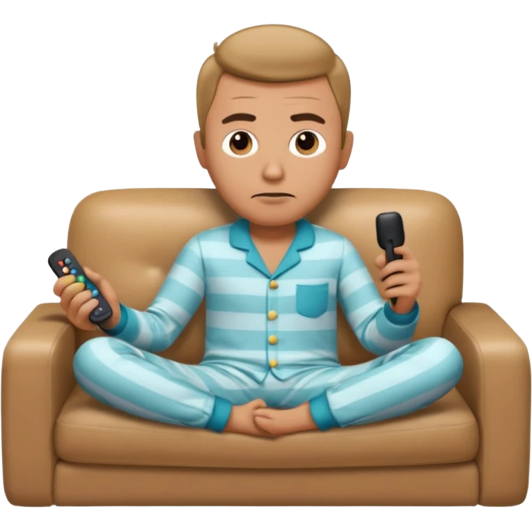 male memoji, lazy man in pajamas, lying on couch, holding TV remote, relaxed bored face, casual home vibe emoji