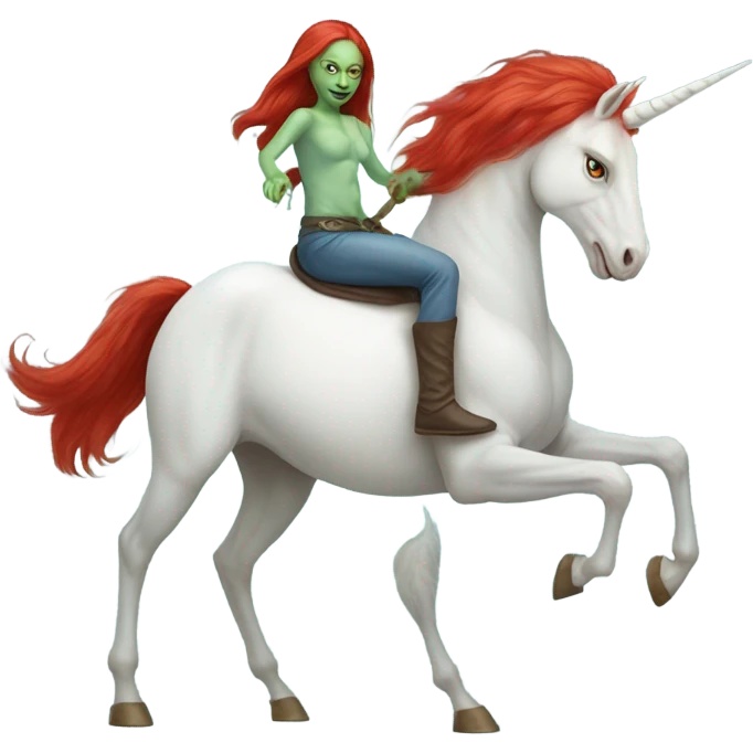 [politically incorrect
	{ woman: alien, color: light green, hair:red, eyes:cat} ]
	on a 
	[{ unicorn: white, legged:six, mane: light blue }] emoji