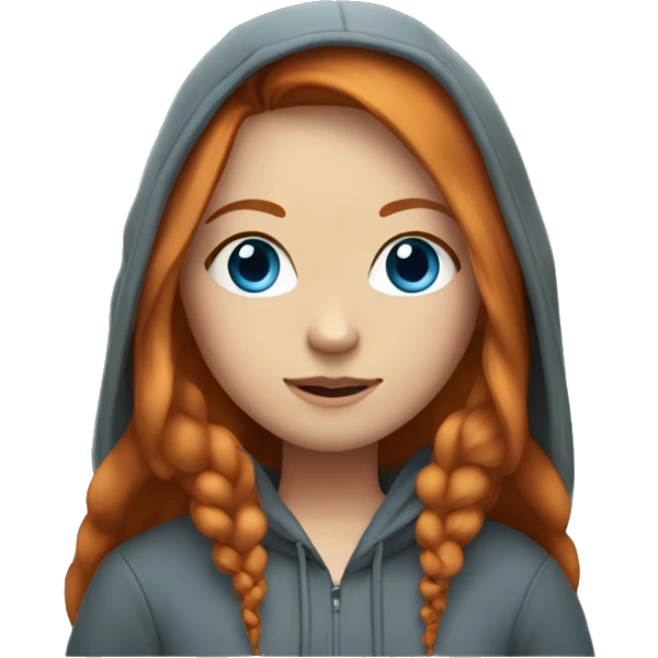 Girl with long ginger hair with a middle part, blue eyes and long eyelashes wearing a hoodie emoji