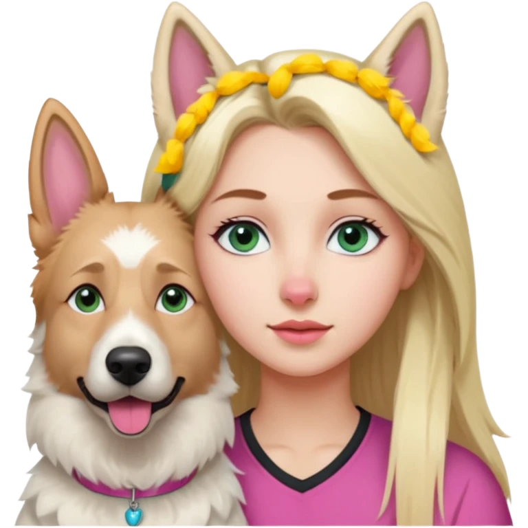 White European young woman with blue-green eyes and long blond hair with her white German Shepherd dog,the Dog has a pink nose and short fur  and Brown eyes emoji