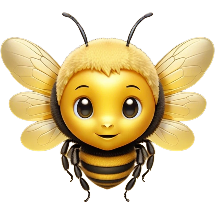 Cinematic Cute Bee Portrait Emoji, Head tilted playfully and inquisitively, featuring a delightfully small, fuzzy body with bright, shimmering eyes and adorable, delicate wings, Simplified yet irresistibly adorable features, highly detailed, glowing with a warm, inviting glow, high shine, affectionate and lively, stylized with a touch of whimsical honeyed charm, soft glowing outline, capturing the essence of a mischievous bee that seems as if it could buzz out of the screen into your arms! emoji