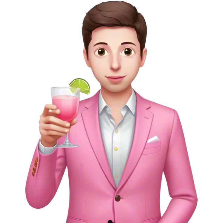 Sam Altman in all pink suit, with one hand holding a pink tequila drink emoji