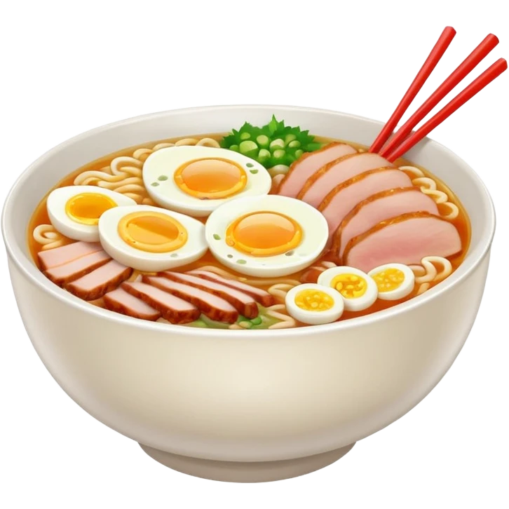 Create a realistic ramen bowl with broth, egg, pork slices & toppings. emoji