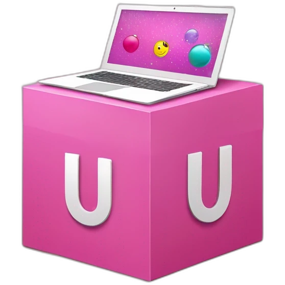 Inside a pink box, the letter "u" is in the middle, and disco ball, laptop, pencil and paint emojis peeking out from around the box. emoji