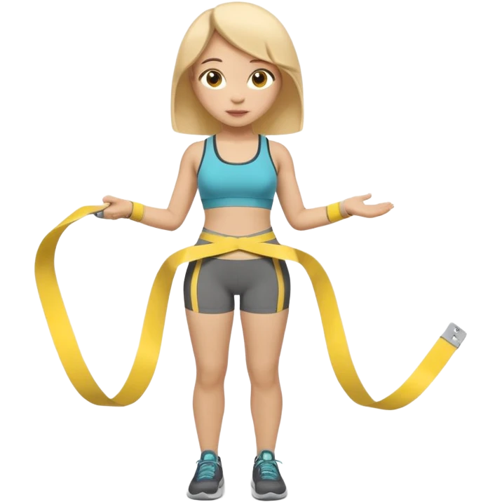 A 3D cartoon person measuring their waist with a yellow tape, casual fitness outfit, Memoji-style realism. emoji