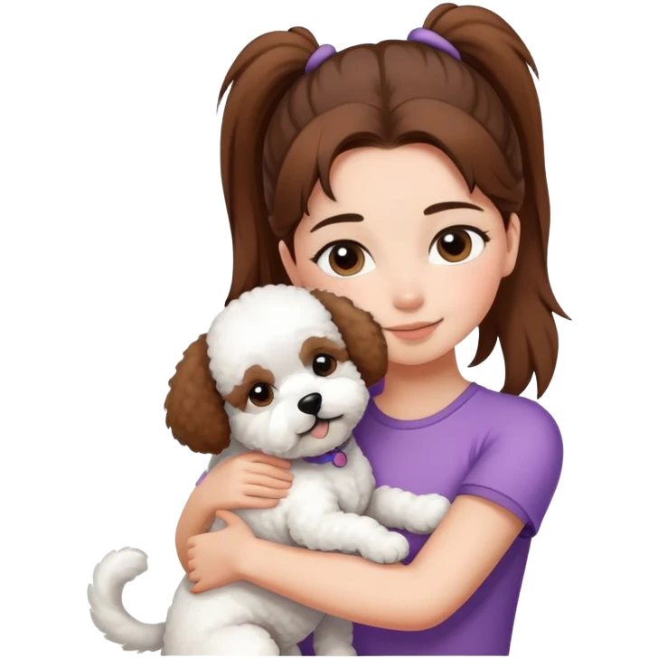 A girl with straight hair in a ponytail，hugging one Bichon frise emoji