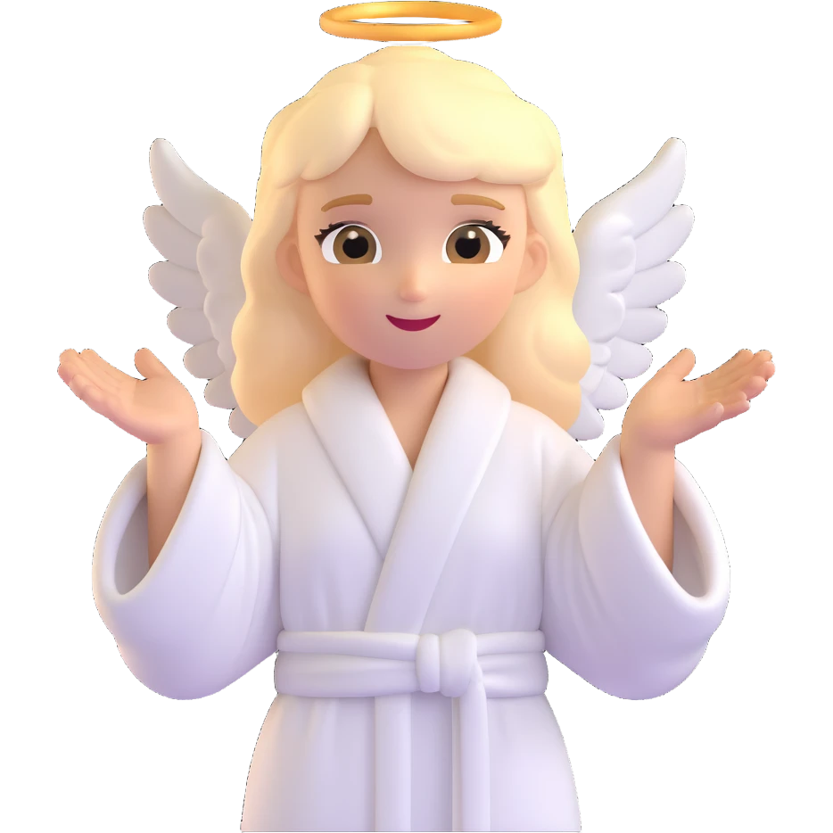 an angel with blond hair, hands raised in a blessing gesture, glowing, serene expression, soft white robe, ethereal atmosphere emoji