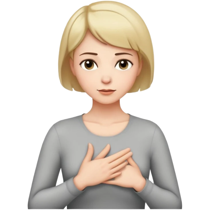 white woman short hair doing eyvallah gesture, head tilted and hand on chest emoji