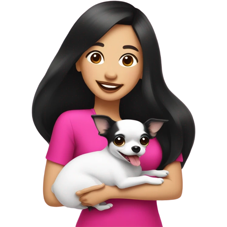 Thick medium black hair with hot pink lips and pink cheek smiling mature Filipino lady hugging black and white Chihuahua  emoji