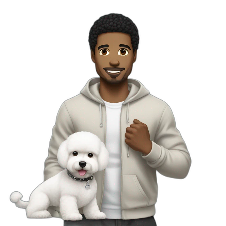 white man black hair,  rapper flexing with a bichon emoji