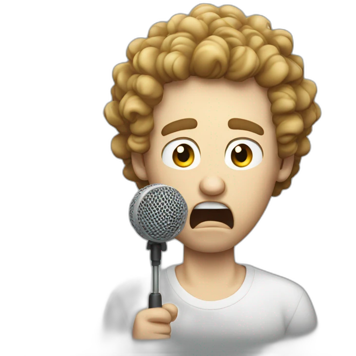 angry curly short hair white guy putting his microphone in his mouth emoji