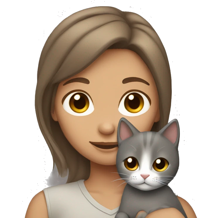Tan girl with brown hair cuddling a grey cat emoji