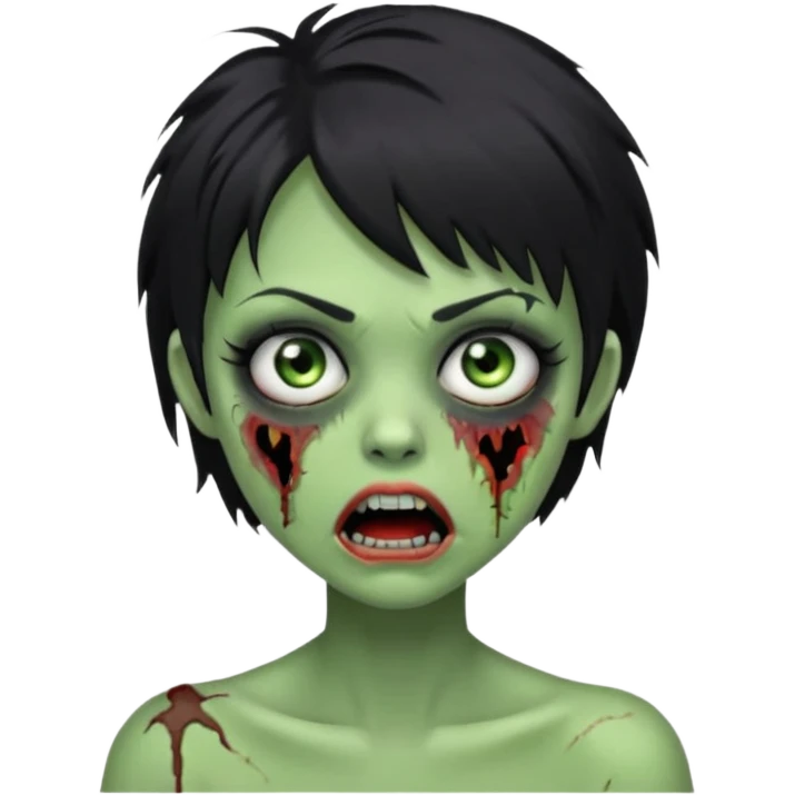 Green zombie girl with messy black short hair with lashes and torn cheek and open mouth  emoji