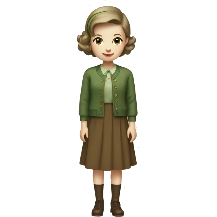 Very young girl with pale skin, straight brown, short hair, a brown 1940s dress with an earthy green cardigan emoji