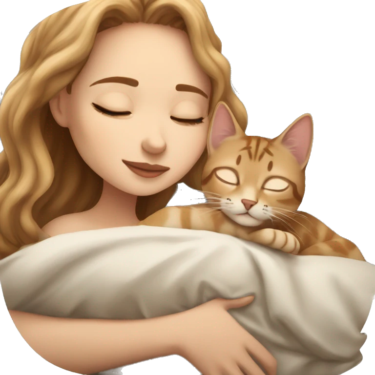 extremely light skin girl with light brown hair sleeping with cute bengal cat emoji