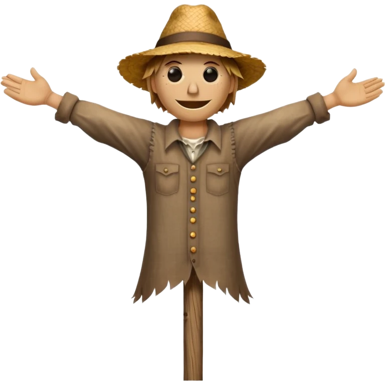 Scarecrow, Straw body, old brown hat, patched shirt, arms stretched on a wooden pole. emoji