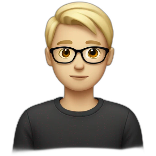 thin white teenager with blond hair.  He is cross-eyed and wears black glasses.  he has a triangular shaped head.  he is also wearing a white sweater.  he has dark eyes and a long face emoji